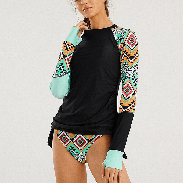 Vintage Geometric Print Sunscreen Long Sleeves Surfing String Panty Sports Bikini Td Mercado