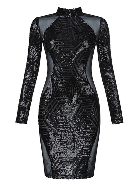 Sexy Bodycon Dress Sequin Black Party Dress Long Sleeve Backless Sheer ...