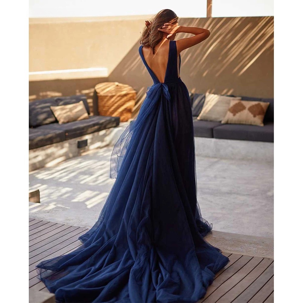 A-Line Deep V-Neck Bow-Back High Slit Elegant And Pretty Dress Vestidos - Image 2