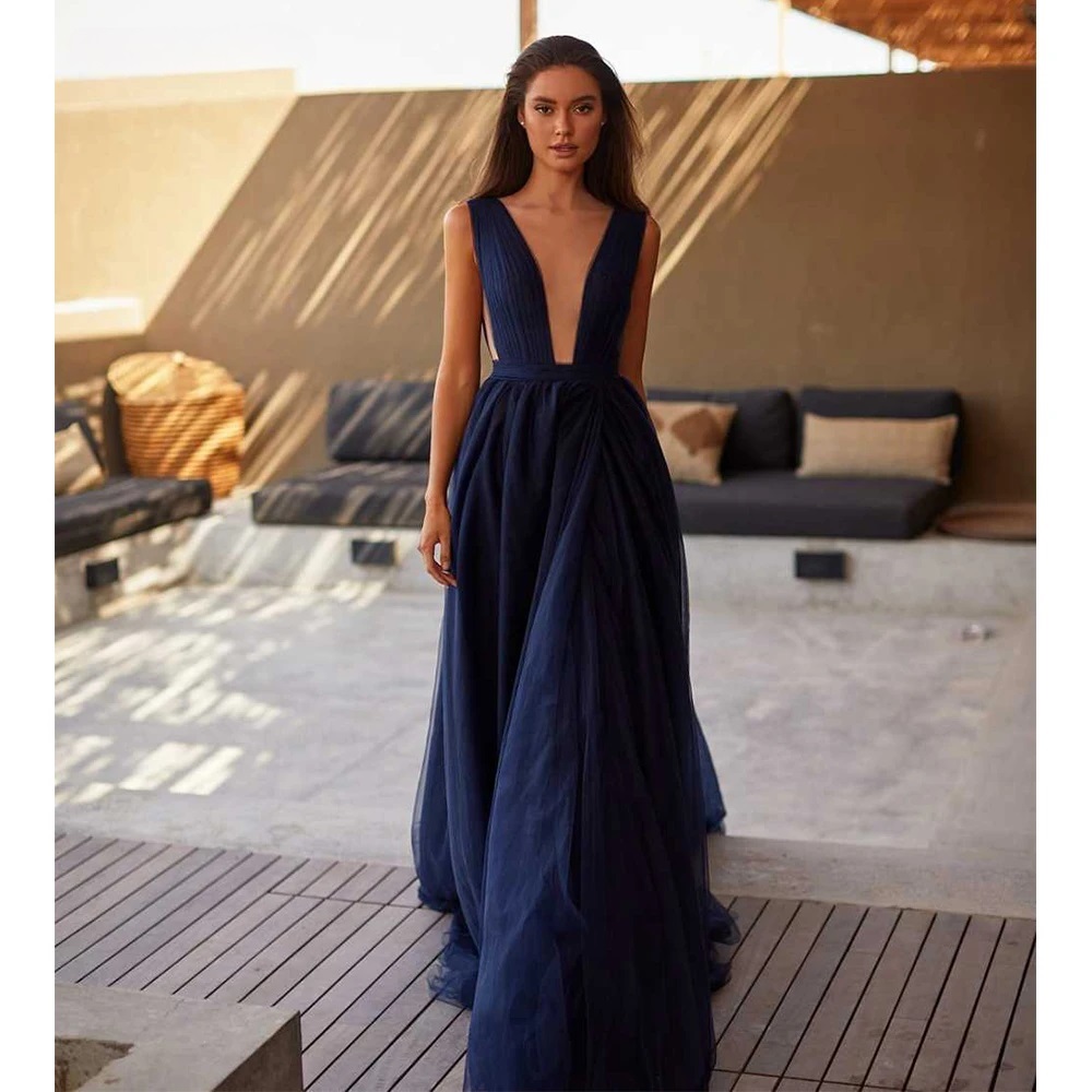 A-Line Deep V-Neck Bow-Back High Slit Elegant And Pretty Dress Vestidos