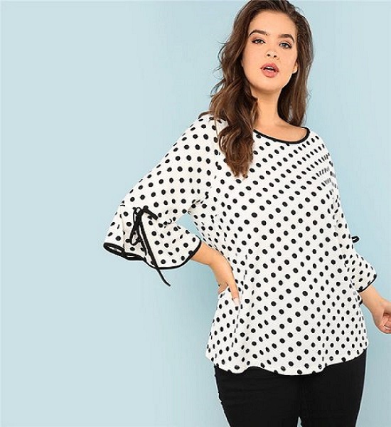Women Polka Dot V Neck Wrap Shirt Long Sleeve Tops Blouse Black White Plus  Size