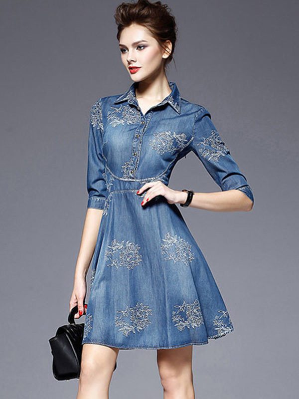 Blue Denim Dress Women’s Embroidered Turndown Collar Half Sleeve Half ...