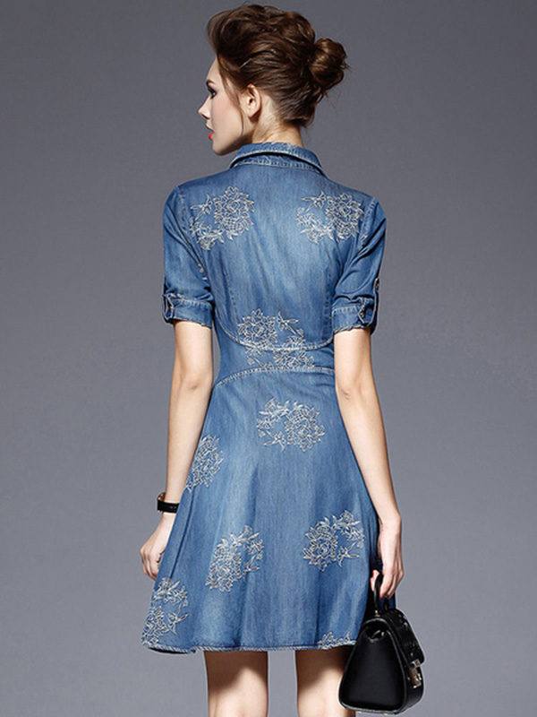 Blue Denim Dress Women’s Embroidered Turndown Collar Half Sleeve Half ...
