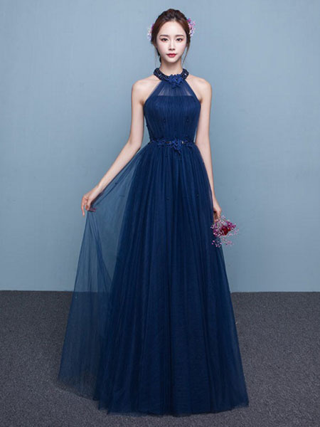 Long Tulle Beading Occasion Dress Halter Sash Floor Length Prom Dress 2019