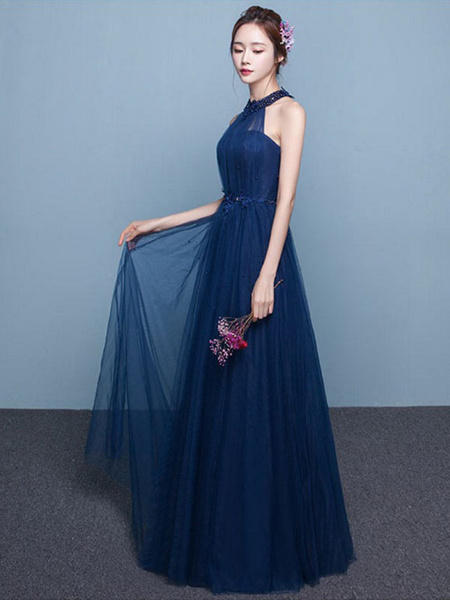 Long Tulle Beading Occasion Dress Halter Sash Floor Length Prom Dress 2019 - Image 2