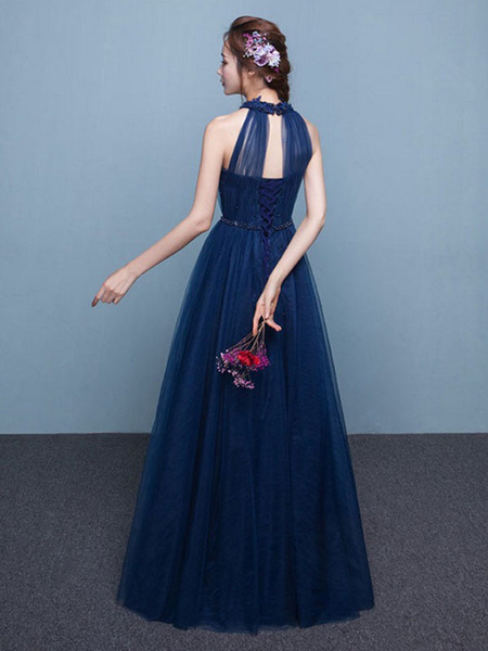 Long Tulle Beading Occasion Dress Halter Sash Floor Length Prom Dress 2019 - Image 3