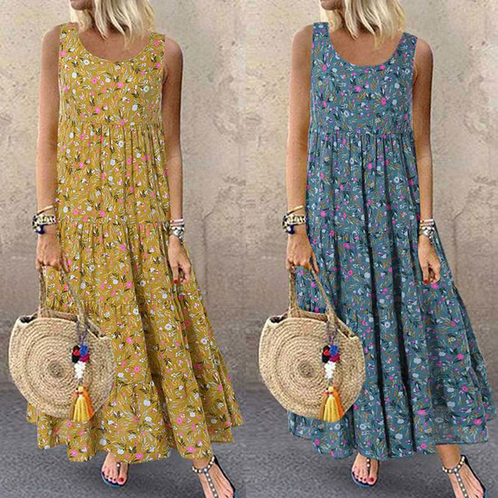 Bohemian Maxi Dress Women Casual Vintage Sleeveless O Neck Floral Print Loose Long Dress Oversized Beach Sundress - Image 2