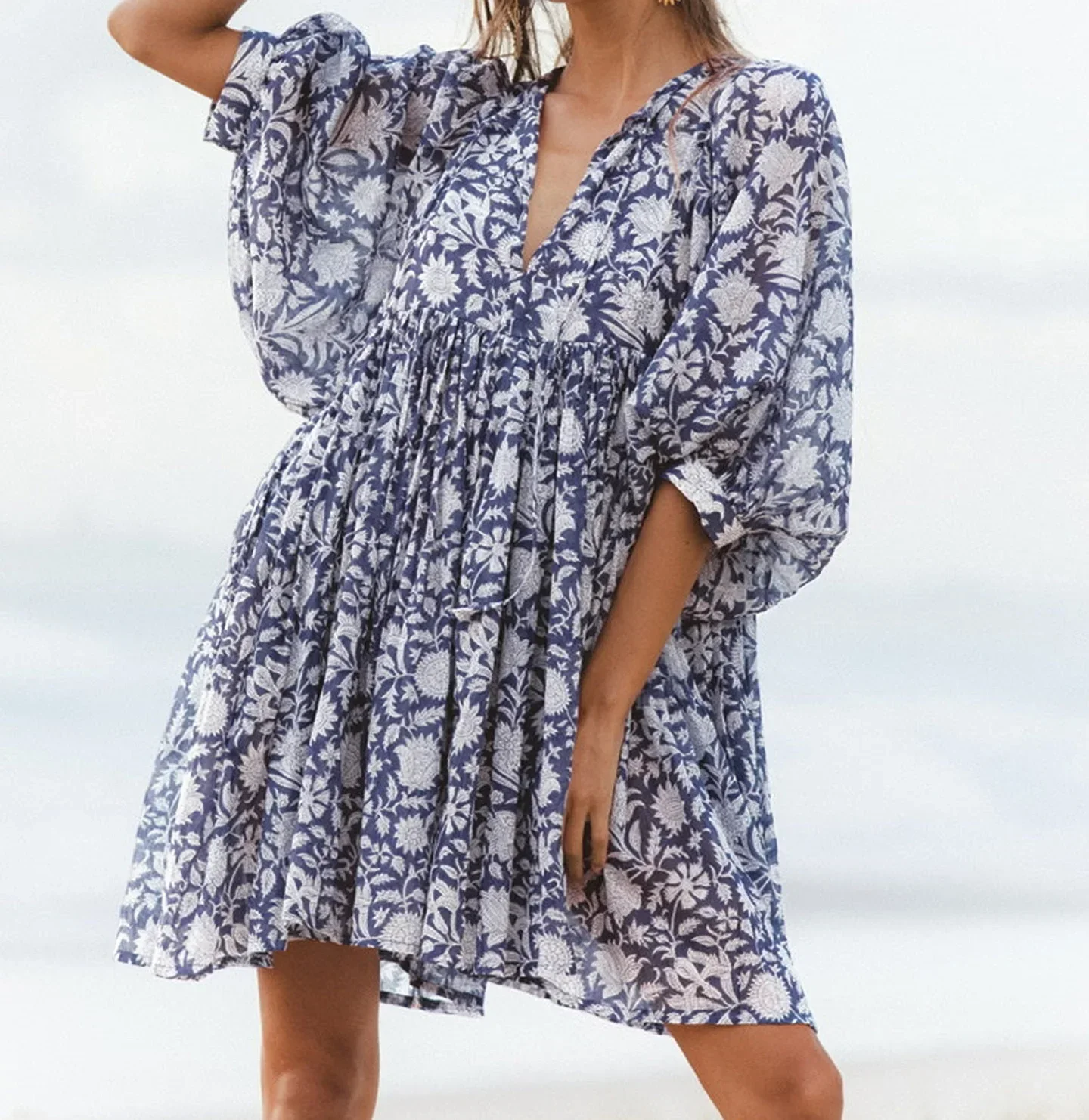 Bohemian Retro Loose Fit Printed Frock Middle Sleeve Floral Casual Mini Elegant