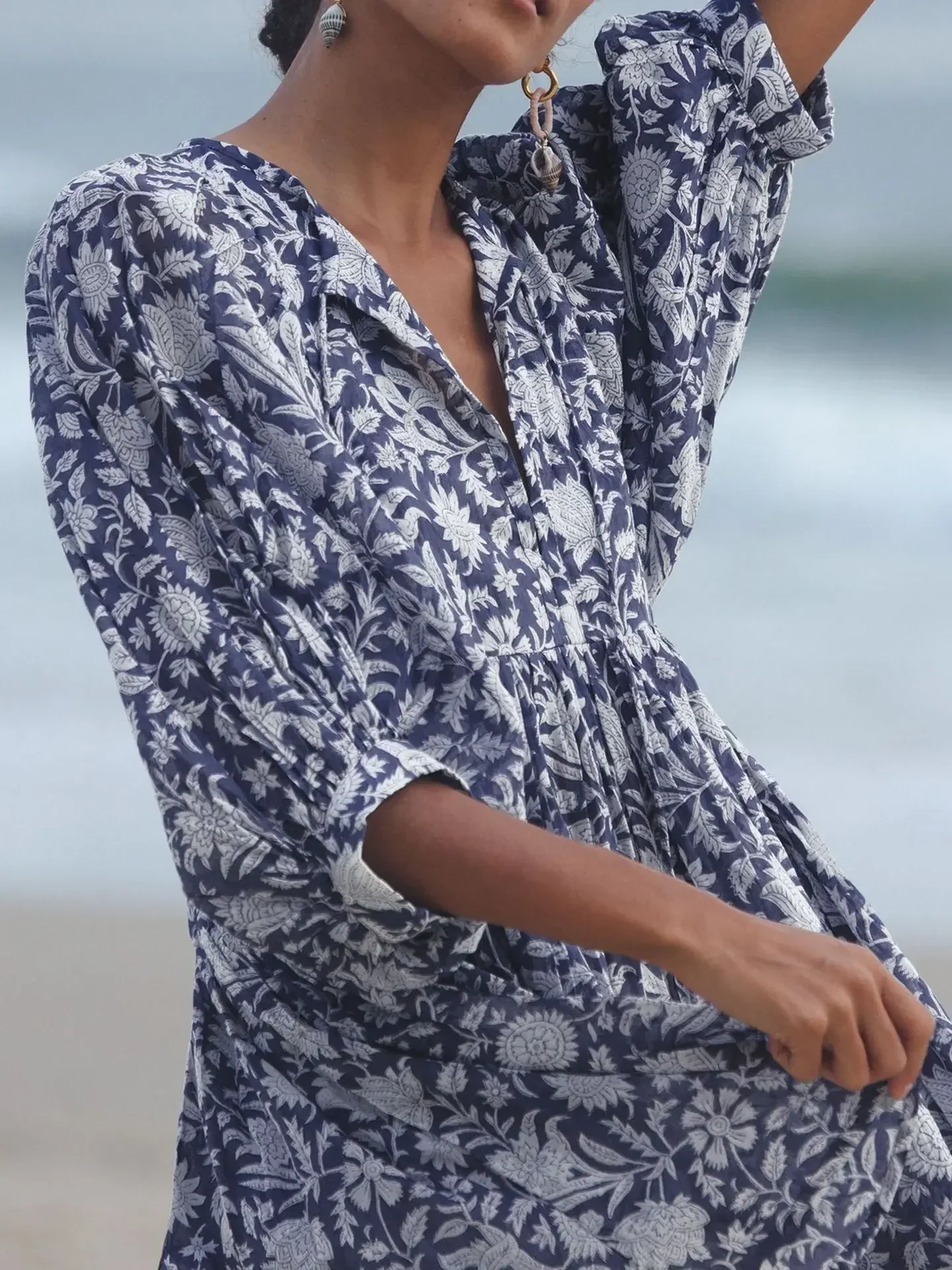 Bohemian Retro Loose Fit Printed Frock Middle Sleeve Floral Casual Mini Elegant - Image 2