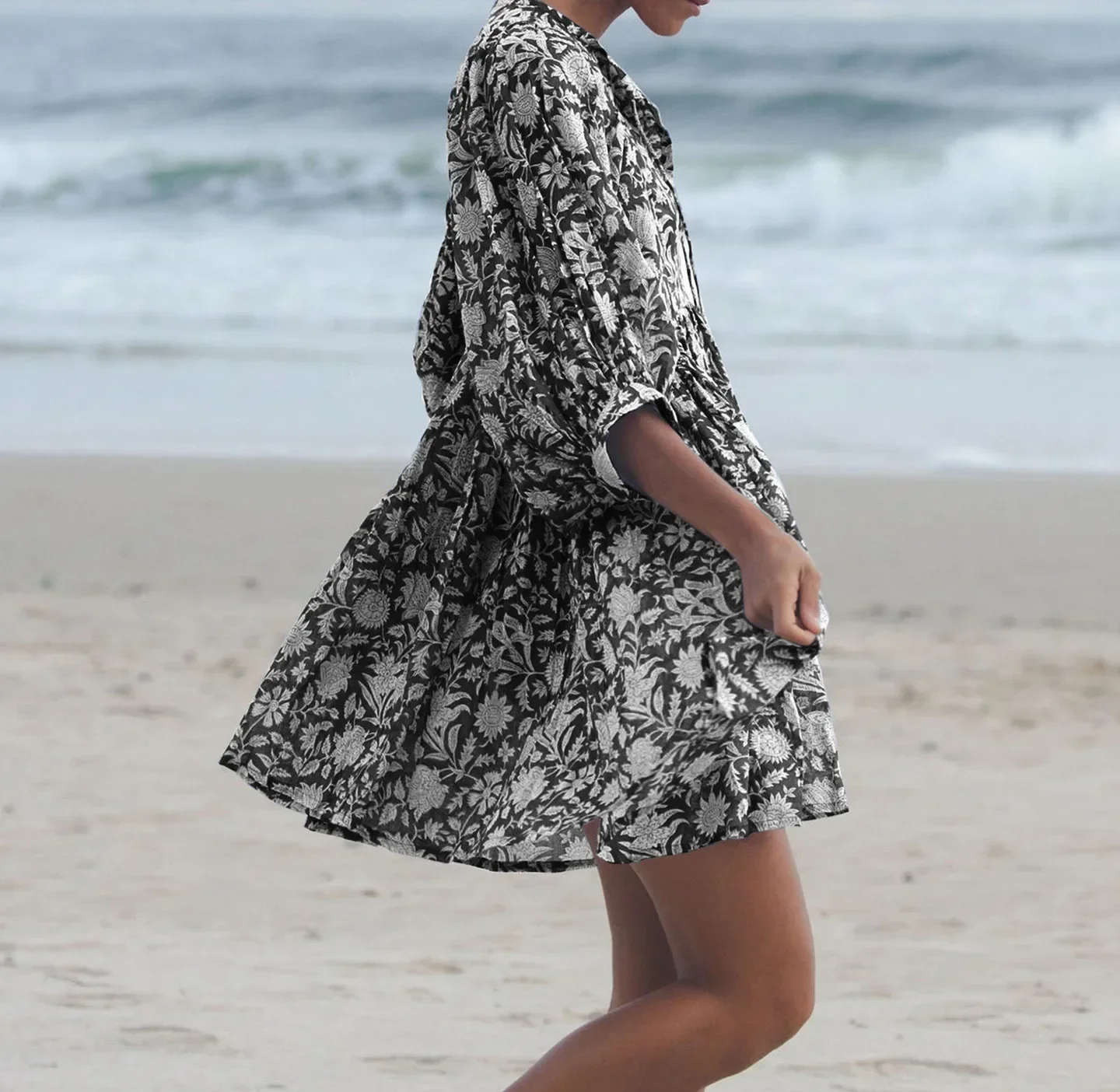 Bohemian Retro Loose Fit Printed Frock Middle Sleeve Floral Casual Mini Elegant - Image 5