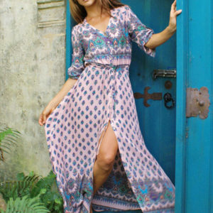 Boho Maxi Dress Print Split Long Sleeve V Neck Summer Dress for Women