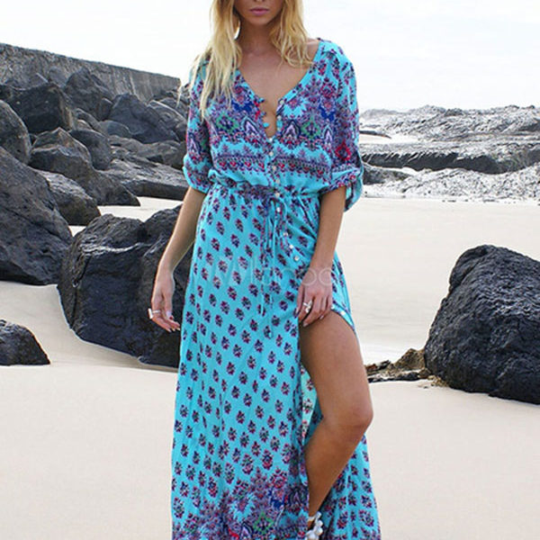 Boho Maxi Dress Print Split Long Sleeve V Neck Summer Dress for Women ...