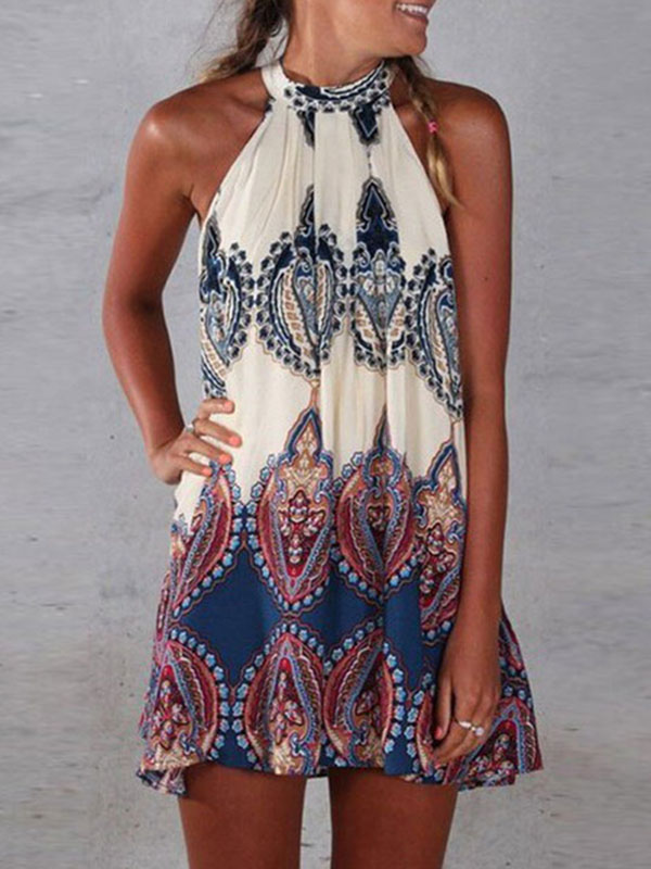 Sttech1 Women Halter Neck Sleeveless Dress Casual Boho Print Mini Beachwear Dress Sundress 