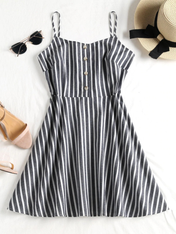 Buttoned Striped Cami Dress - Mist Blue S - TD Mercado