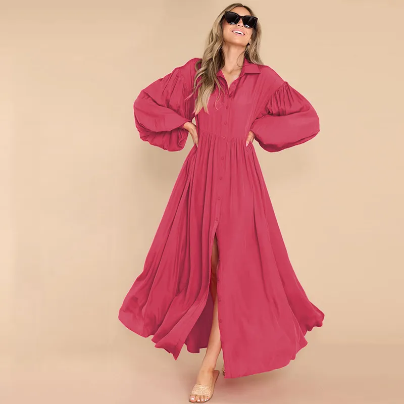 Casual Long Single Breasted Elegant Fashion Loose Lantern Sleeve Oversized Dress
