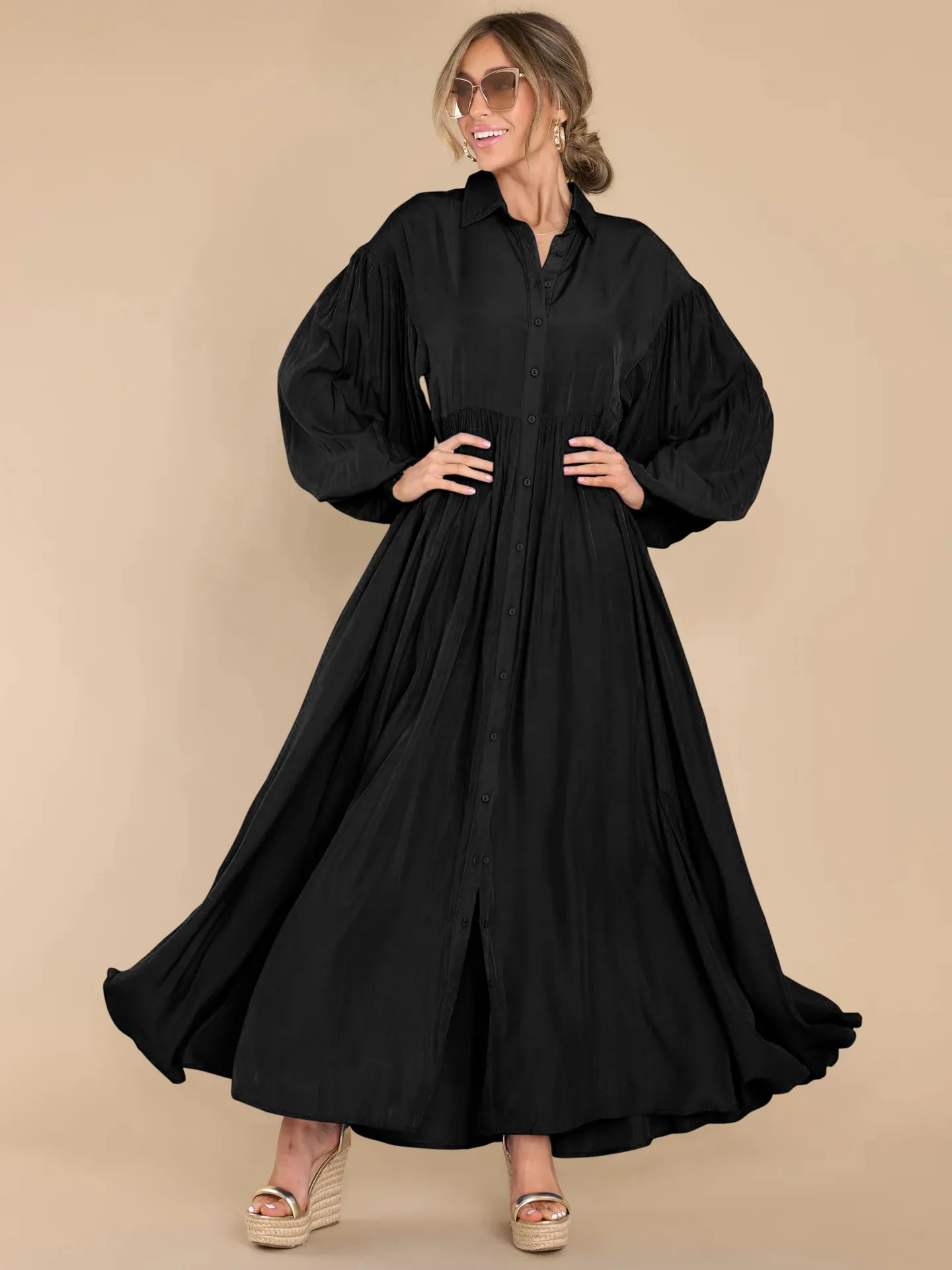 Casual Long Single Breasted Elegant Fashion Loose Lantern Sleeve Oversized Dress - Image 3