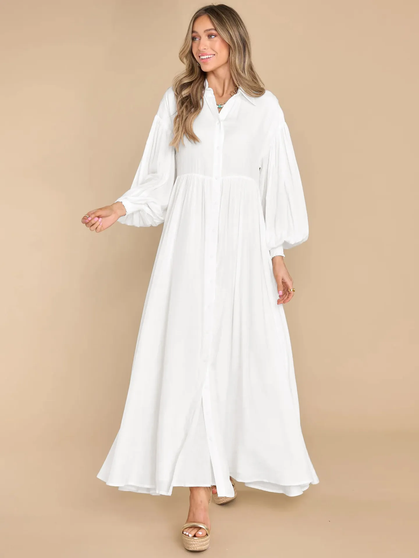 Casual Long Single Breasted Elegant Fashion Loose Lantern Sleeve Oversized Dress - Image 4