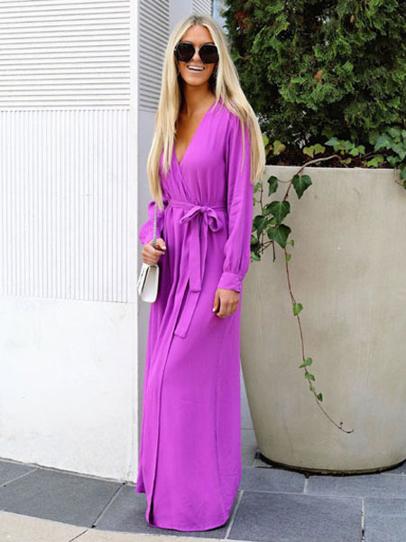 Chiffon Maxi Dress Long Sleeve V Neck Solid Color Fall Dress - TD Mercado