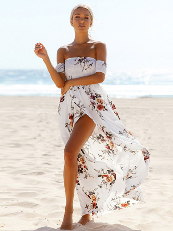 Chiffon Short Sleeve High Slit Maxi Dresses - TD Mercado