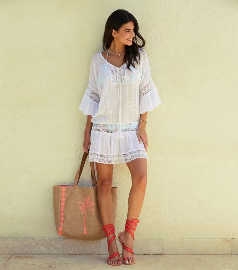 Cover Up Lace Tassels Knotted Semi Sheer Oversized Beach Dress - Image 2