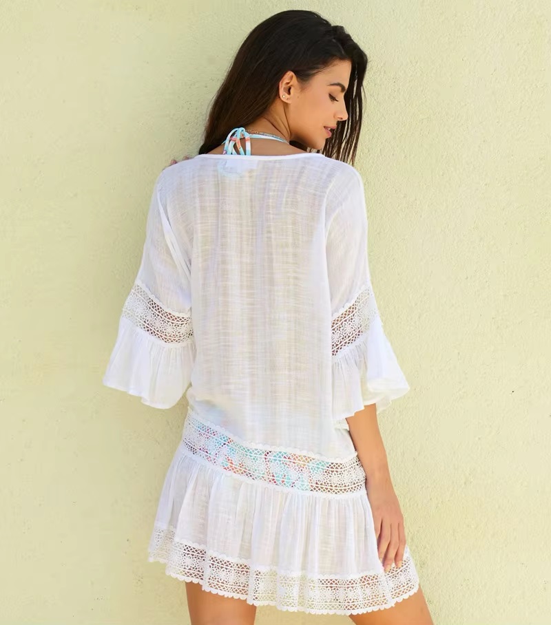 Cover Up Lace Tassels Knotted Semi Sheer Oversized Beach Dress - Image 3