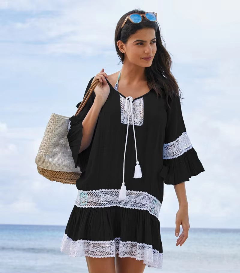 Cover Up Lace Tassels Knotted Semi Sheer Oversized Beach Dress - Image 4