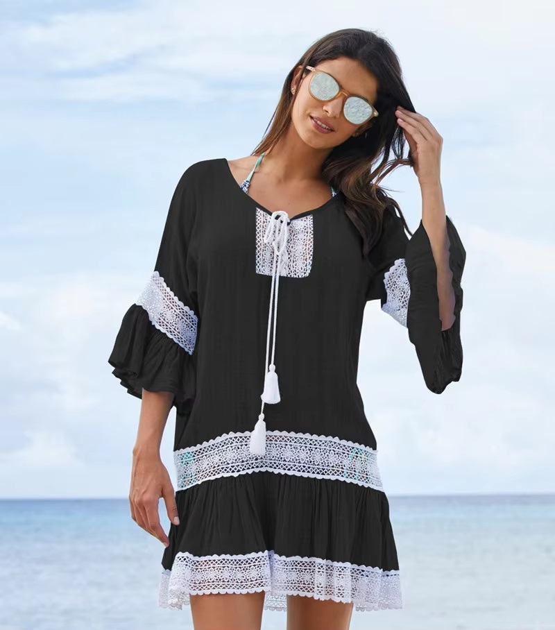 Cover Up Lace Tassels Knotted Semi Sheer Oversized Beach Dress - Image 5