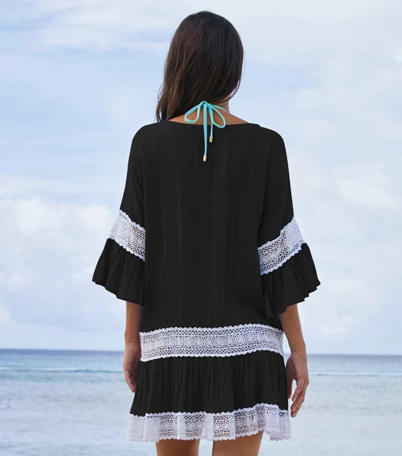 Cover Up Lace Tassels Knotted Semi Sheer Oversized Beach Dress - Image 6