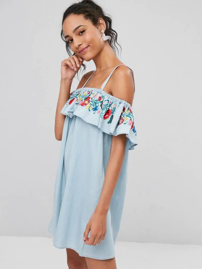 Embroidered Cold Shoulder Denim Dress - Image 4