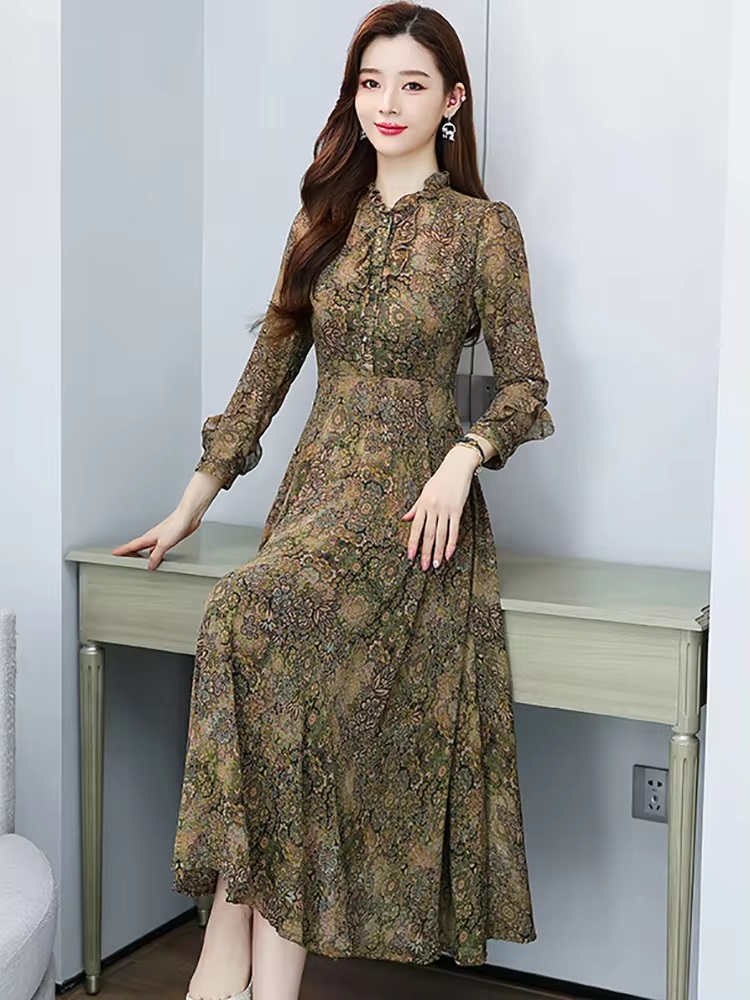 Elegant Casual Evening Floral Ruffled Collar Long Sleeve Midi Dress - Image 4