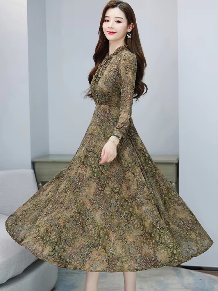 Elegant Casual Evening Floral Ruffled Collar Long Sleeve Midi Dress - Image 3