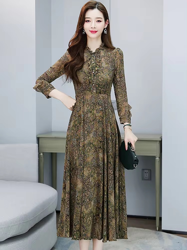 Elegant Casual Evening Floral Ruffled Collar Long Sleeve Midi Dress - Image 2