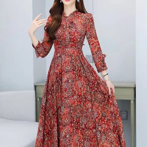 Elegant Casual Evening Floral Ruffled Collar Long Sleeve Midi Dress