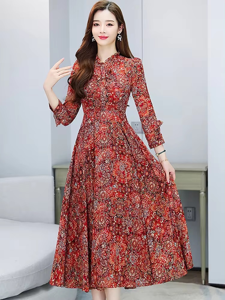 Elegant Casual Evening Floral Ruffled Collar Long Sleeve Midi Dress