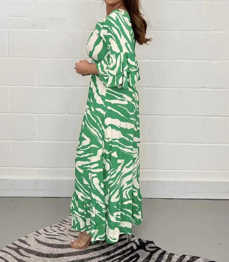 Elegant Fashion Vintage Chic Butterfly Sleeve V Neck Printing Geometric Long Robes - Image 2