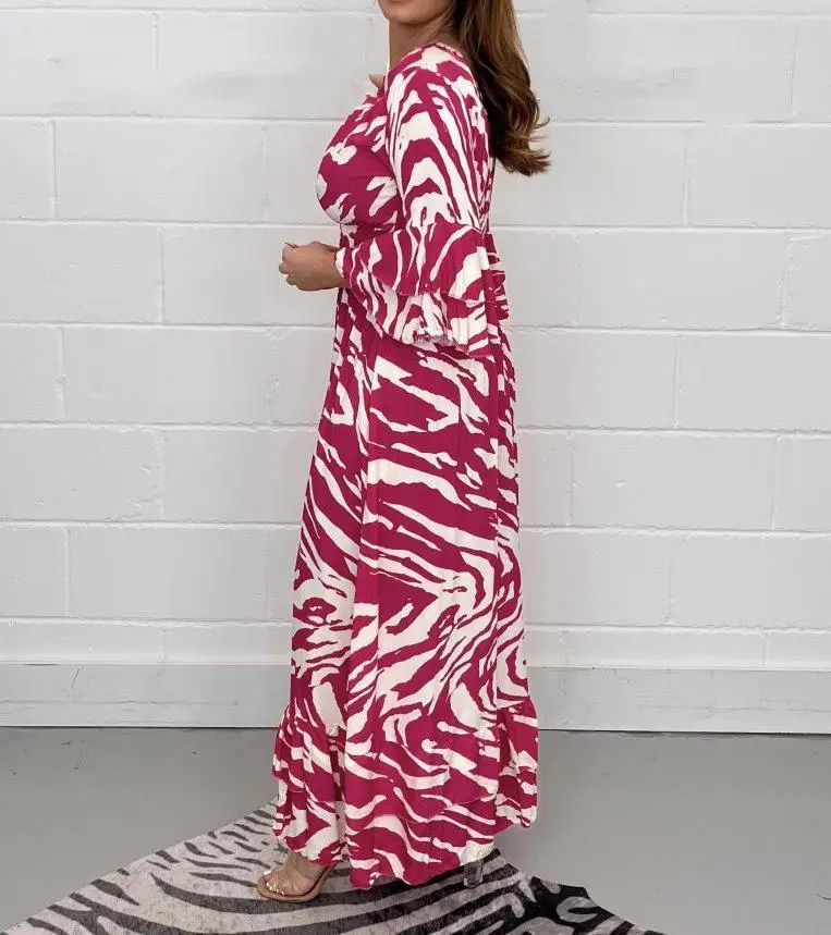 Elegant Fashion Vintage Chic Butterfly Sleeve V Neck Printing Geometric Long Robes - Image 3