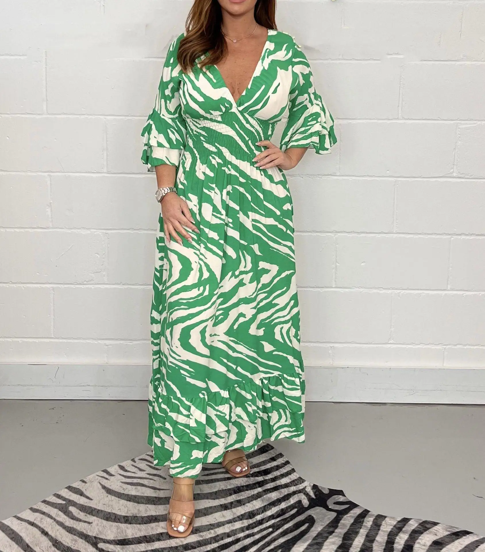 Elegant Fashion Vintage Chic Butterfly Sleeve V Neck Printing Geometric Long Robes