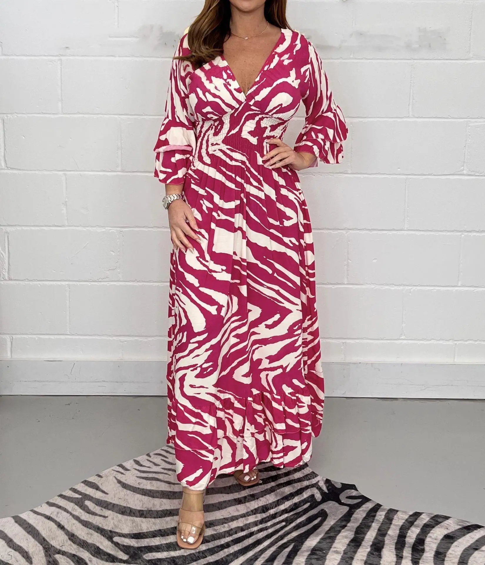 Elegant Fashion Vintage Chic Butterfly Sleeve V Neck Printing Geometric Long Robes - Image 4