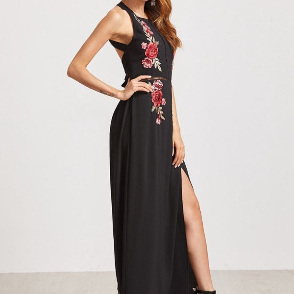 Floral Embroidered Backless Slit Hem Halter Maxi Dresses - TD Mercado