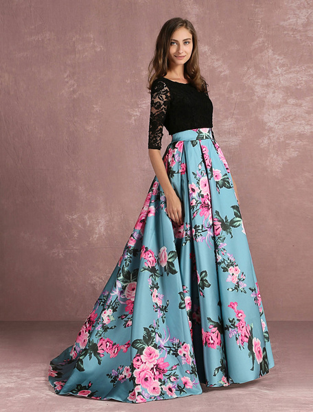 Floral Lace Backless Printed Prom Party ...