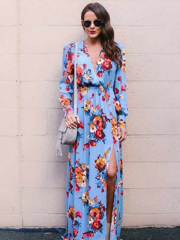 Floral Long Sleeve Tea Split Tie Waist Maxi Dresses - TD Mercado
