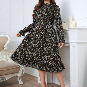 Floral Print Midi Dress Casual Elegant Chiffon Puff Long Sleeve Big Size Party Dresses