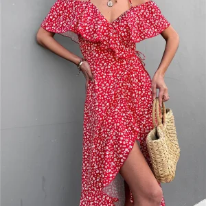 Floral Print Sling Elegant Spaghetti Irregular Ruffle Hem Slit Dress
