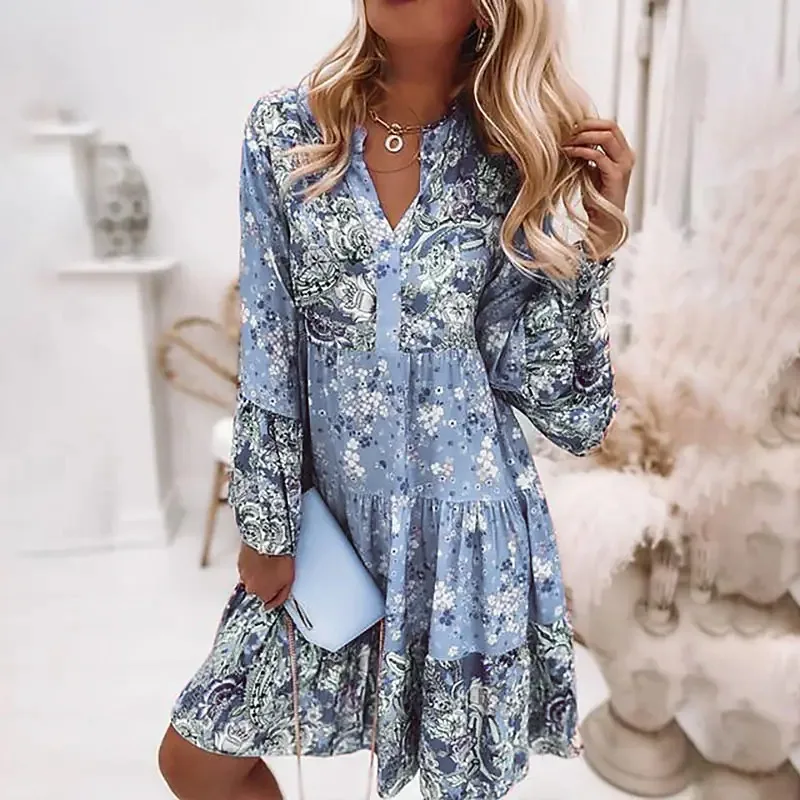 Floral patchwork floral print v neck Layered mini Dresses Vestidos - Image 3