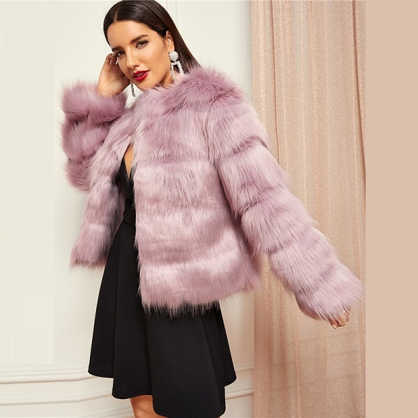 Pink High street Solid Open Front Faux Fur Coat - Image 5