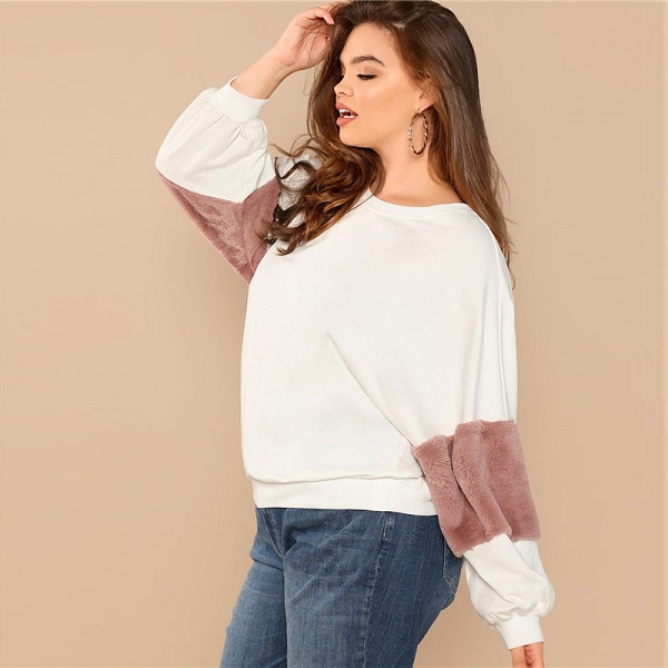 White Casual Plus Size Color block Women Sweatshirts - Image 4