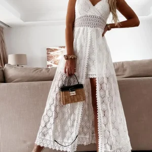 Hollow Out Floral Lace Sleeveless V Neck Sling Cover Up Beach Sundress Outfit