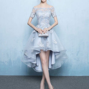 Off The Shoulder Applique Short Sleeve A Line Asymmetrical Graduation Dress