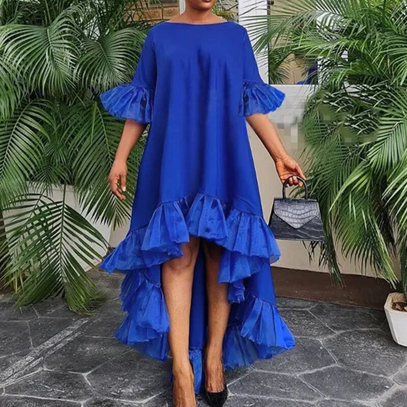 Long Dress Vestidos Vintage Loose O-Neck Irregular Ruffle Dress Autumn Flare Sleeve Pullover Women Maxi Dress - Image 3