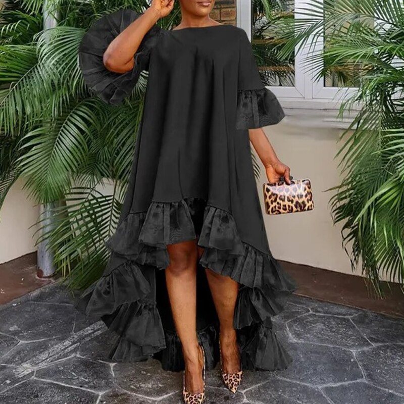 Long Dress Vestidos Vintage Loose O-Neck Irregular Ruffle Dress Autumn Flare Sleeve Pullover Women Maxi Dress - Image 4